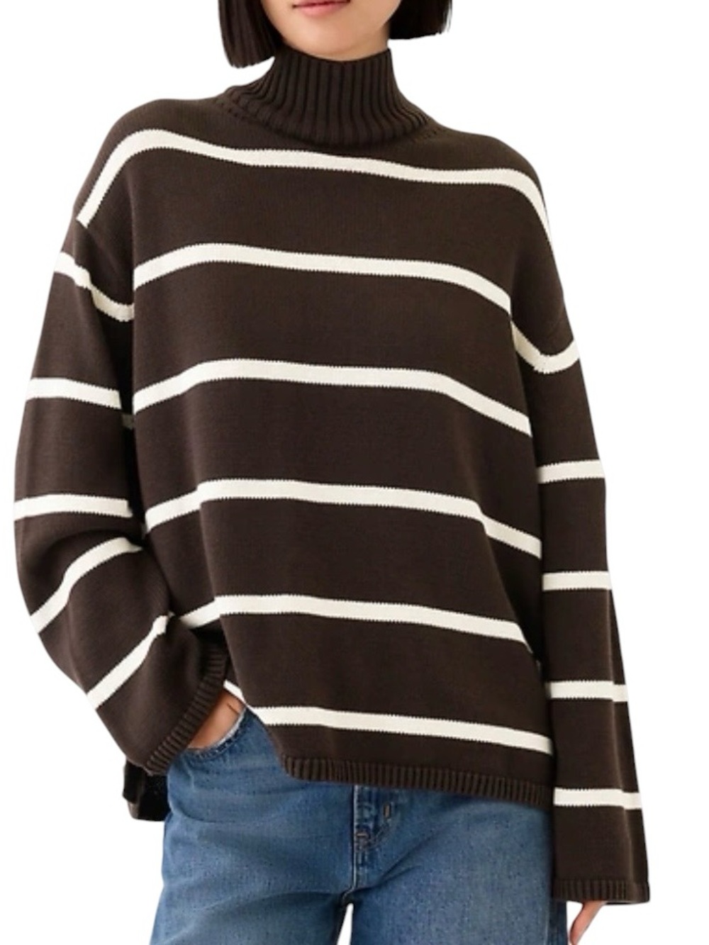 GAP 100% Cotton Oversized Mockneck Sweater M Brown Off White Stripe Split Hem